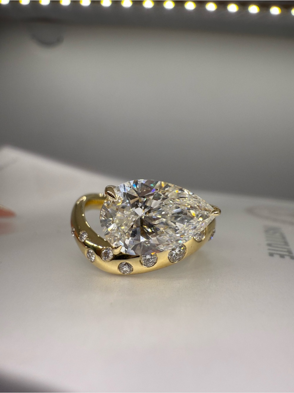 3.07 carat F VS1 pear east west with polka dot band diamond engagement ring - Picture 7 of 12